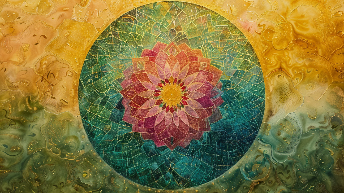 Sacred mandala with intricate geometric patterns representing cycles, elements, and divine feminine energy
